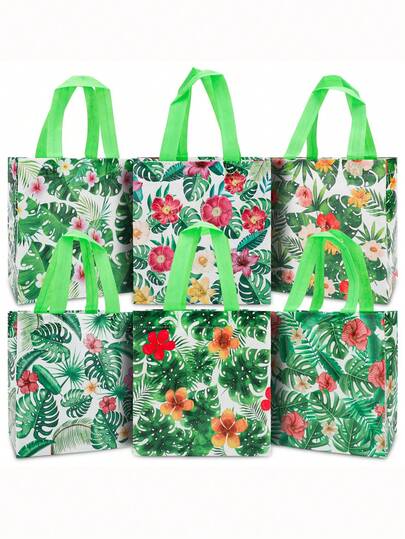 6pcs Reusable Non-Woven Hawaiian Themed Tote Bags, Suitable For Hawaiian Camping Parties, Pool Parties, Camping Party Favors, Birthday Party Favors, Theme Party Favors