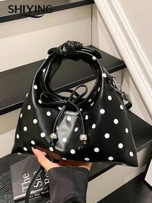 Fashionable Polka Dot Handbag, Women's Multi-Function Shoulder Crossbody Bag, Retro Bow Decor Drawstring Crescent Bag - Multicolor - View 13