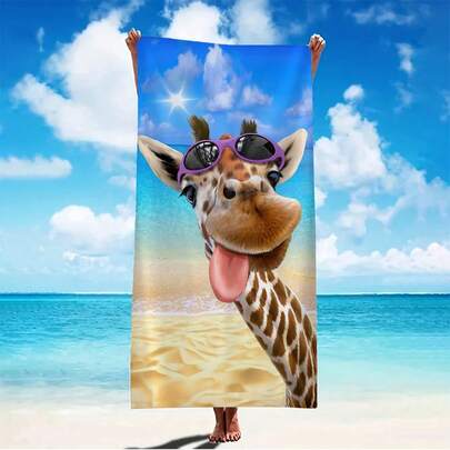 1条超柔软趣味长颈鹿印花超细纤维沙滩巾，家居装饰，适用于海滩、泳池、露营和旅行，极其舒适
