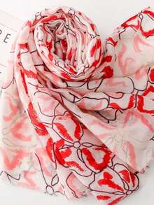 女士轻薄围巾，新款春夏红色爱心和蜜桃色爱心巴厘岛雪纺流苏披肩，沙滩巾 - 紅色 - 查看 3