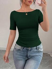 PRETTYGARDEN Womens Summer Short Sleeve Tops Boat Neck Ribbed Knit Slim Fit T Shirt Casual Basic Top Y2K Clothes - 墨綠 - 查看 1