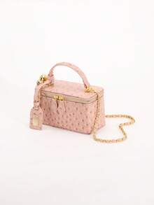 Ostrich Pattern Pink Vanity Case Bag, Cute Top-Handle Crossbody Bag With Gold Ball Chain, Y2K Mini Makeup Box Bag - Pink - View 3
