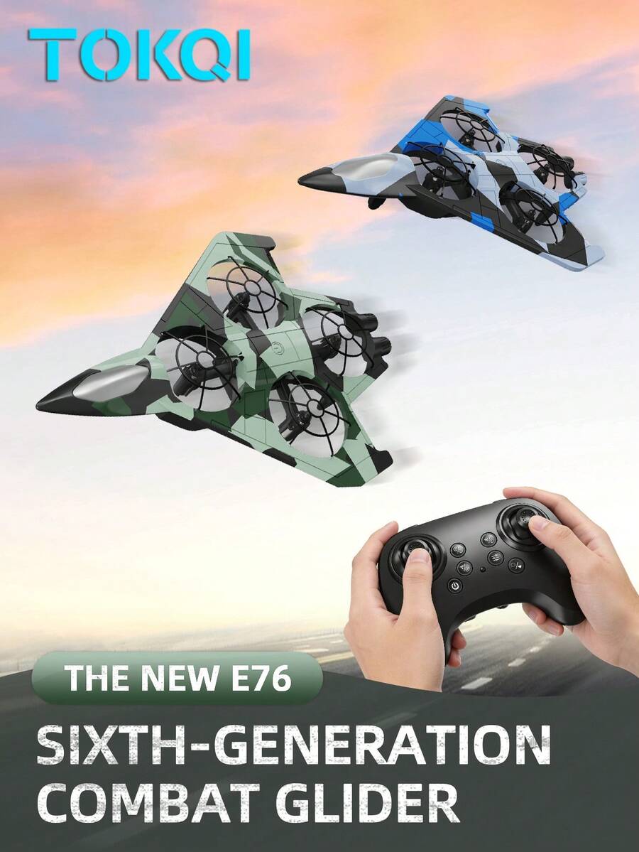 TOKQI 2026升级版E76滑翔战斗机，配备FPV视频传输遥控器，一键起飞/降落，多种速度模式可调，360°翻滚，无头模式，轻松完成各种特技动作，是馈赠佳品。
