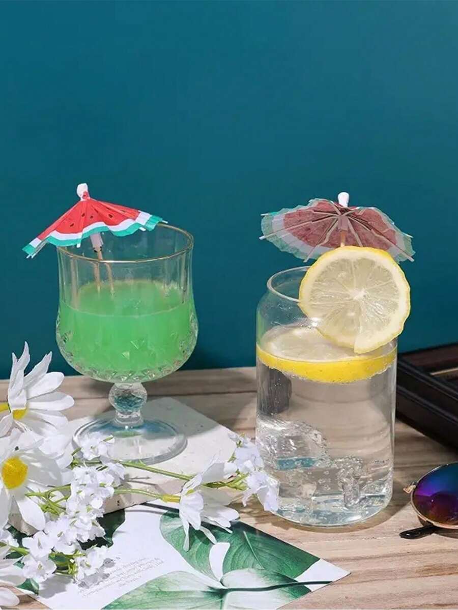 50pcs Watermelon Pattern Mini Umbrellas Cocktail Picks, Suitable For Party, Milk Tea, Fruit Drinks Garnish - Multicolor - View 1