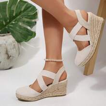 Women's Closed Toe Espadrille Wedge Sandals, Crisscross Elastic Ankle Strap Platform Sandals Comfortable Summer Shoes - 米色 - 查看 2