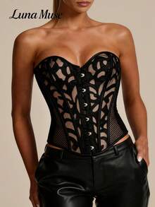 Luna Muse Women's Autumn/Winter New Black Mesh Bustier Corset Top, Y2K Vintage Bustier Bodysuit With Tie-Up Rings, Cropped Tight Camisole Tank Top, Retro Elegant Decor, Suitable For Banquet, Party, Date, Casual, Commute, Streetwear, Nightclub, Back To School, Punk Style, Thanksgiving, Music Festival, Christmas, New Year Outfit, Paired With Mini Skirt, Retro Outfit - Black - View 2