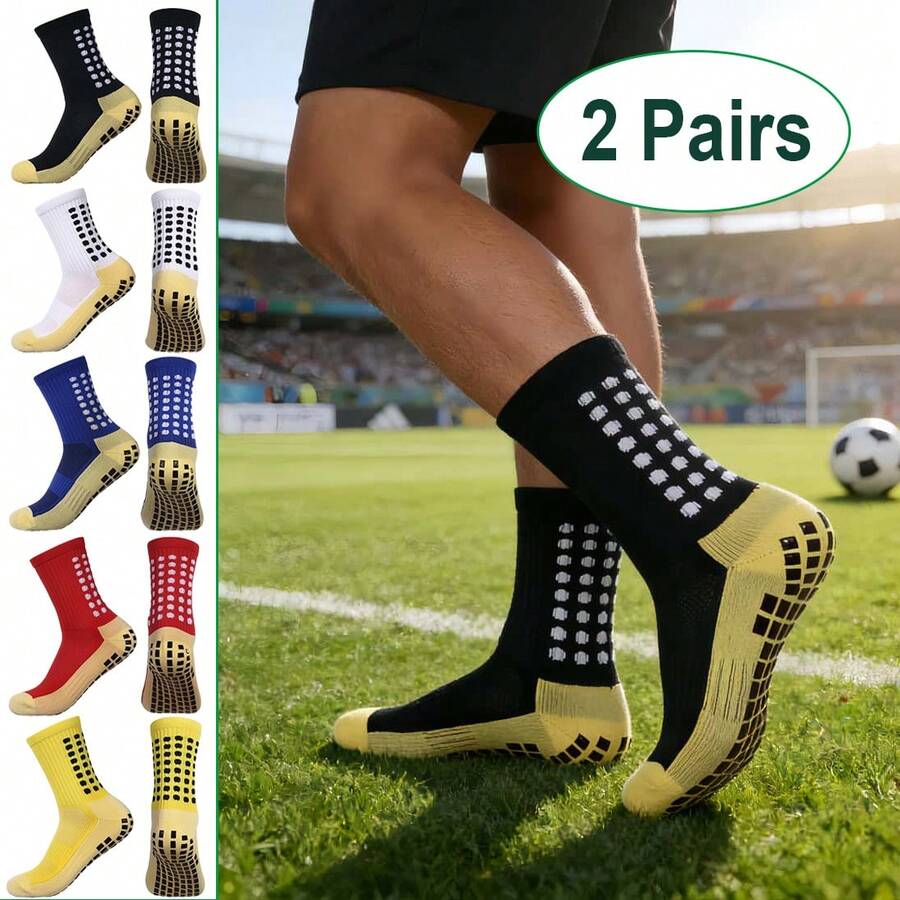 2 Pairs Football/Soccer Socks, World Cup Sports Anti-Slip Bottom Socks, Professional Sports Football Socks With Dot Grip On Sole, Breathable Mid-Calf Socks For Men & Women - Multicolor - View 1