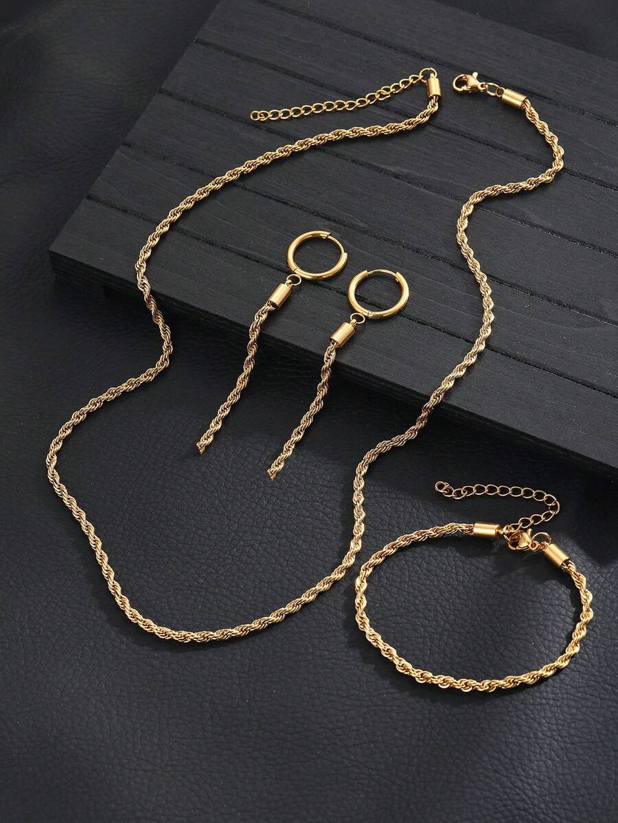 1 Set Stainless Steel Women's Jewelry Set, Twisted Rope Element, Luxury Commuter Style, Suitable For Daily Commute/Date Outfit - Necklace+Bracelet+Earrings - View 1
