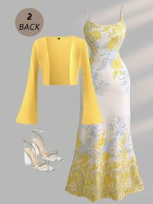 女士优雅纯色喇叭袖针织开衫+修身印花连衣裙，两件套，适合情人节、休闲派对和春季穿着。 - 黃色 - 查看 6