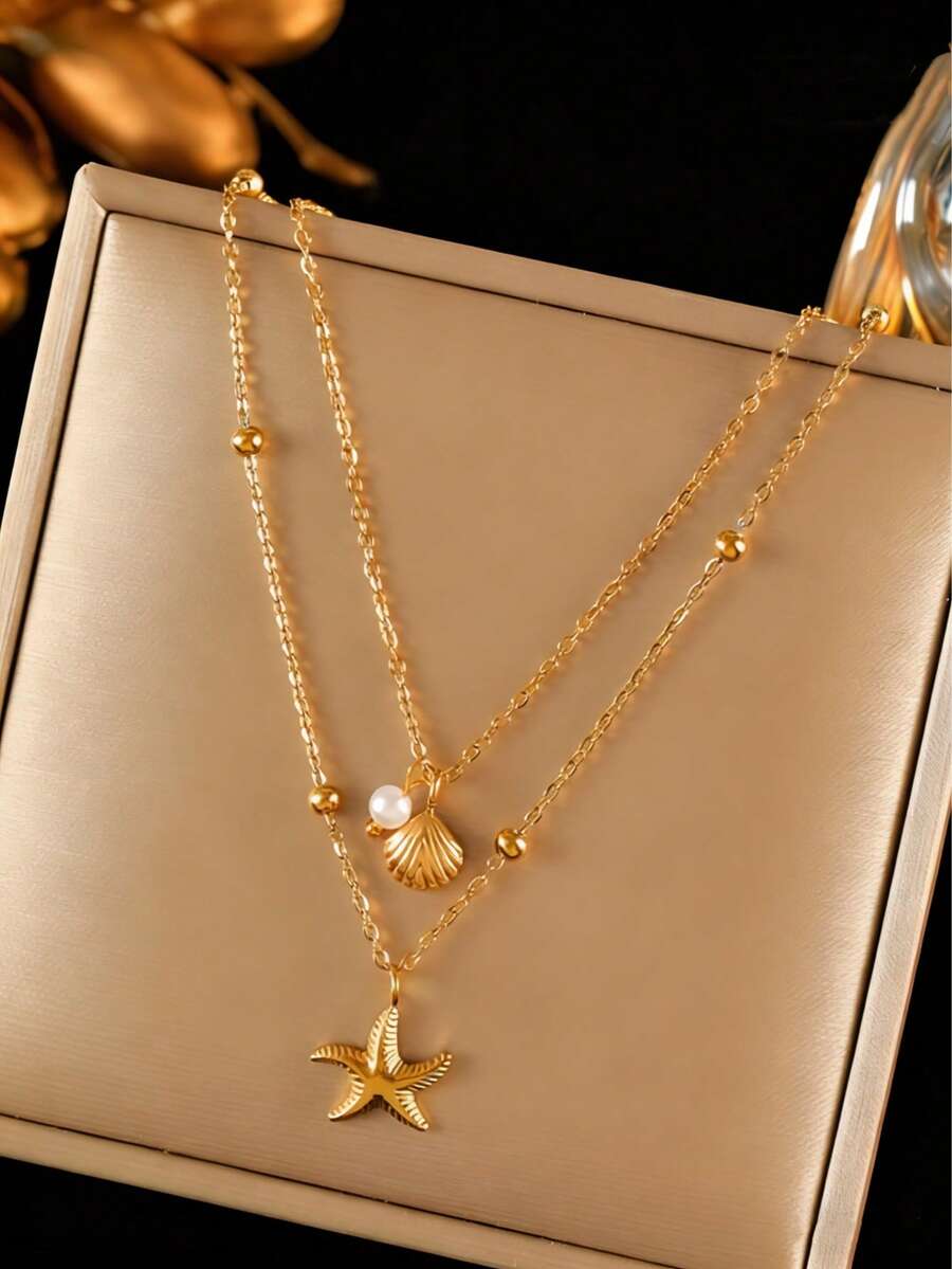 1 chiếc dây chuyền mặt hình sao biển và vỏ sò bằng thép không gỉ mạ vàng 18K, dây đôi, chống thấm nước, trang sức thời trang phù hợp cho nữ giới đeo hàng ngày. - Nhiều màu - Xem 1