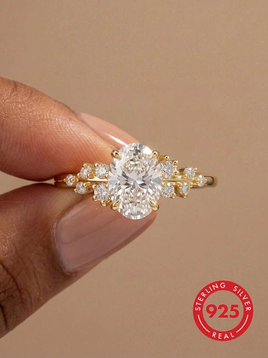 1枚925纯银经典四爪镶嵌椭圆/圆形钻石戒指，情人节/圣诞节/生日情侣礼物，魅力奢华吊坠戒指，女士款