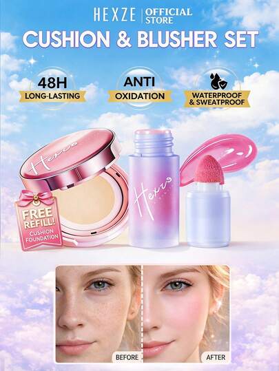 HEXZE Bộ trang điểm BB Cushion lâu trôi, chống nước, độ che phủ cao - Bao gồm 1 BB Cushion, 1 lõi thay thế, 1 phấn má hồng - Lớp trang điểm bền màu 48 giờ