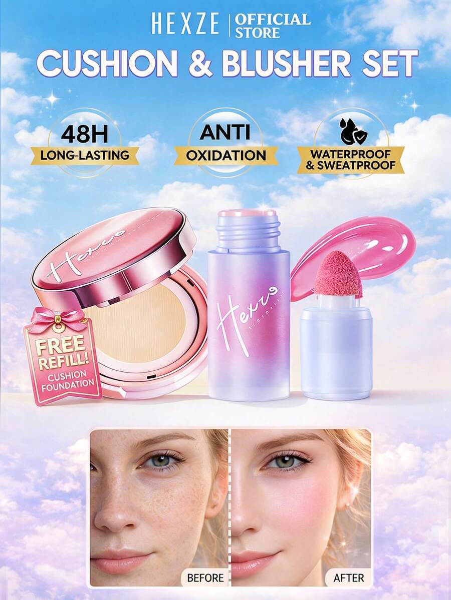 Bộ trang điểm BB Cushion lâu trôi, chống nước, độ che phủ cao - Bao gồm 1 BB Cushion, 1 lõi thay thế, 1 phấn má hồng - Lớp trang điểm bền màu 48 giờ - 01 Bộ phấn nền và phấn má hồng màu be nhạt (2 món) - Xem 1