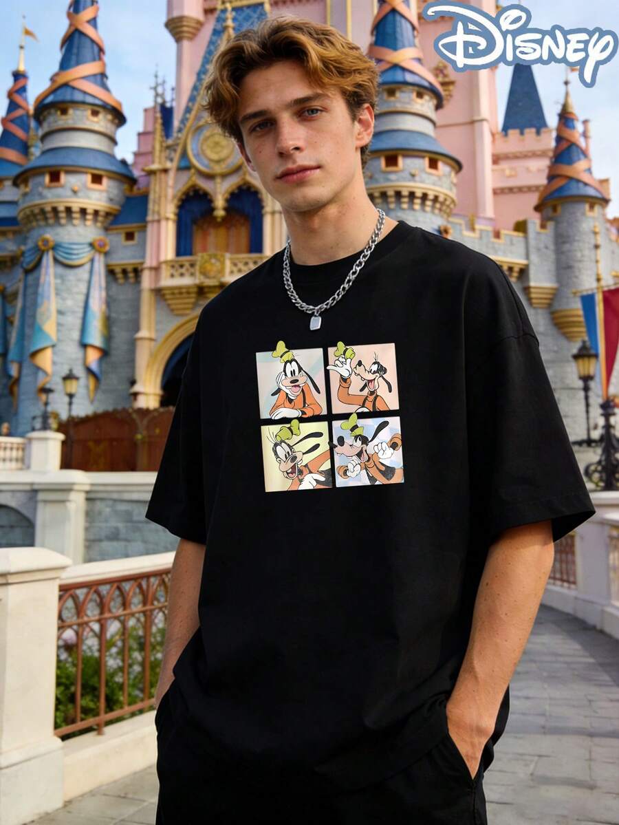 Disney Vintage Retro Goof Dog 4 Panel Graphic Tee, Oversized Unisex Couple Matching Streetwear, Theme Park Inspired Casual Short Sleeve Top For Men Women, Classic Cartoon Character Style Summer T-Shirt - 黑色 - 查看 1