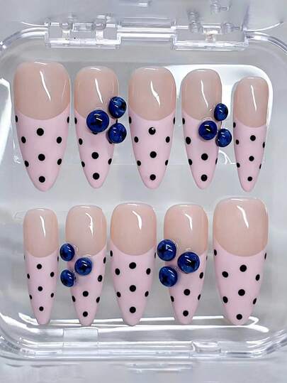 10 móng giả dài hình hạnh nhân chấm bi hồng, kiểu Y2K 3D, phụ kiện làm móng thủ công đa năng, phù hợp sử dụng hàng ngày.