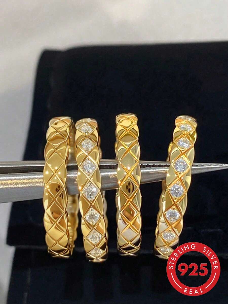 1枚菱形格纹戒指，925纯银细戒圈，拇指戒指，精致珠宝，女士礼品
