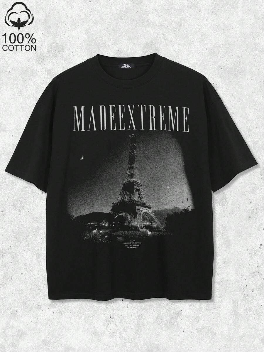 Tiny Spark Men's Black Retro Aesthetic Paris Eiffel Tower Print T-Shirt - Grey - View 1