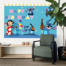 1 tấm vải trang trí treo tường chủ đề sinh nhật Stitch & Lilo chính hãng, kích thước 210*150/150*100/100*75CM, hình kem và đàn guitar, chữ "Chúc mừng sinh nhật" nhiều màu sắc, phông nền chụp ảnh sinh nhật, trang trí studio. - BJB - Xem 5