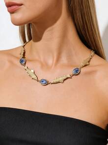 1pc European & American Style 3D Fish Shaped Blue Rhinestone Necklace, Luxury Ocean Element Necklace For Women - Multicolor - View 3