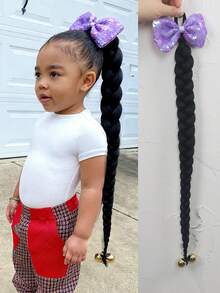 1pc Kids Synthetic Hair Extension With Shiny Bow,With Bead In The End, Long Braided Ponytail High Elasticity Hair Tie Design,Ponytail Accessories - Natural Black - View 11