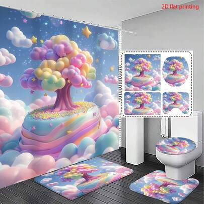 2D平面梦幻彩虹树浴室套装（1/4套装）：包含12个挂钩、防水多功能浴帘、防滑浴室垫、U型马桶垫、马桶盖垫、浴室装饰品、浴室隔断。可机洗。营造柔和舒缓的浴室氛围。时尚实用的家居装饰礼品。居家必备。