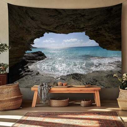 1pc Coastal Cave Sunset Tapestry Ocean Beach Mountain Landscape Wall Hanging Tapestry Nature Scenery Tapestry For Living Room Bedroom Aesthetic Home Decor Large Size Soft Fabric Wall Art Tapestry For Dorm Room Office Wall Decoration Modern Minimalist Style Tapestry With Vivid Color HD Printing Tapestry For Wall Hanging Ceiling Decor Sofa Cover Tablecloth Beach Blanket Multi Purpose Tapestry For Home Decoration Gift For Friends Family