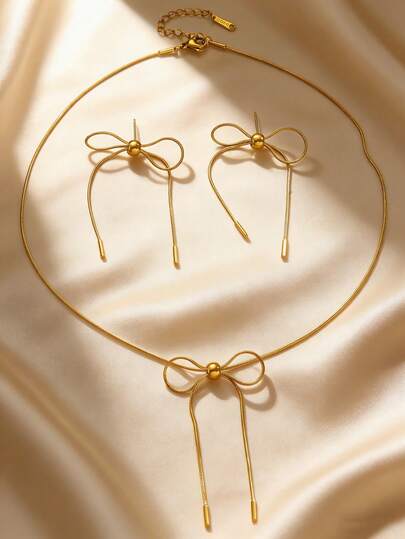 Elegant Minimalist Line Bow Gold Earrings & Necklace Set, Stainless Steel Jewelry For Daily, Party, Date, Festival, Beach Vacation, Gift For Friends, Family, Couples, Women, Original Jewelry Design