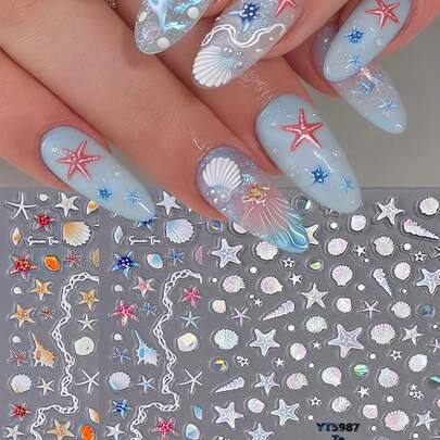 Hình dán móng tay hình vỏ sò cực quang chủ đề đại dương - Hình dán móng tay hình vỏ sò, sao biển, sao biển, ốc xà cừ, sứa, trang trí sổ tay DIY sáng tạo.