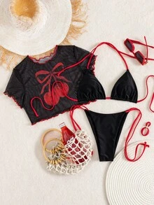 PEPPERMOLLY Conjunto de biquíni retrô sexy de 3 peças 2026, com estampa de flor de cerejeira em blocos de cores vermelho e preto, composto por camiseta transparente com laço e detalhe de flor de cerejeira. Ideal para férias de praia com um visual arrasador e vanguardista. Perfeito para festas de verão em ilhas paradisíacas. - Preto - Ver 1