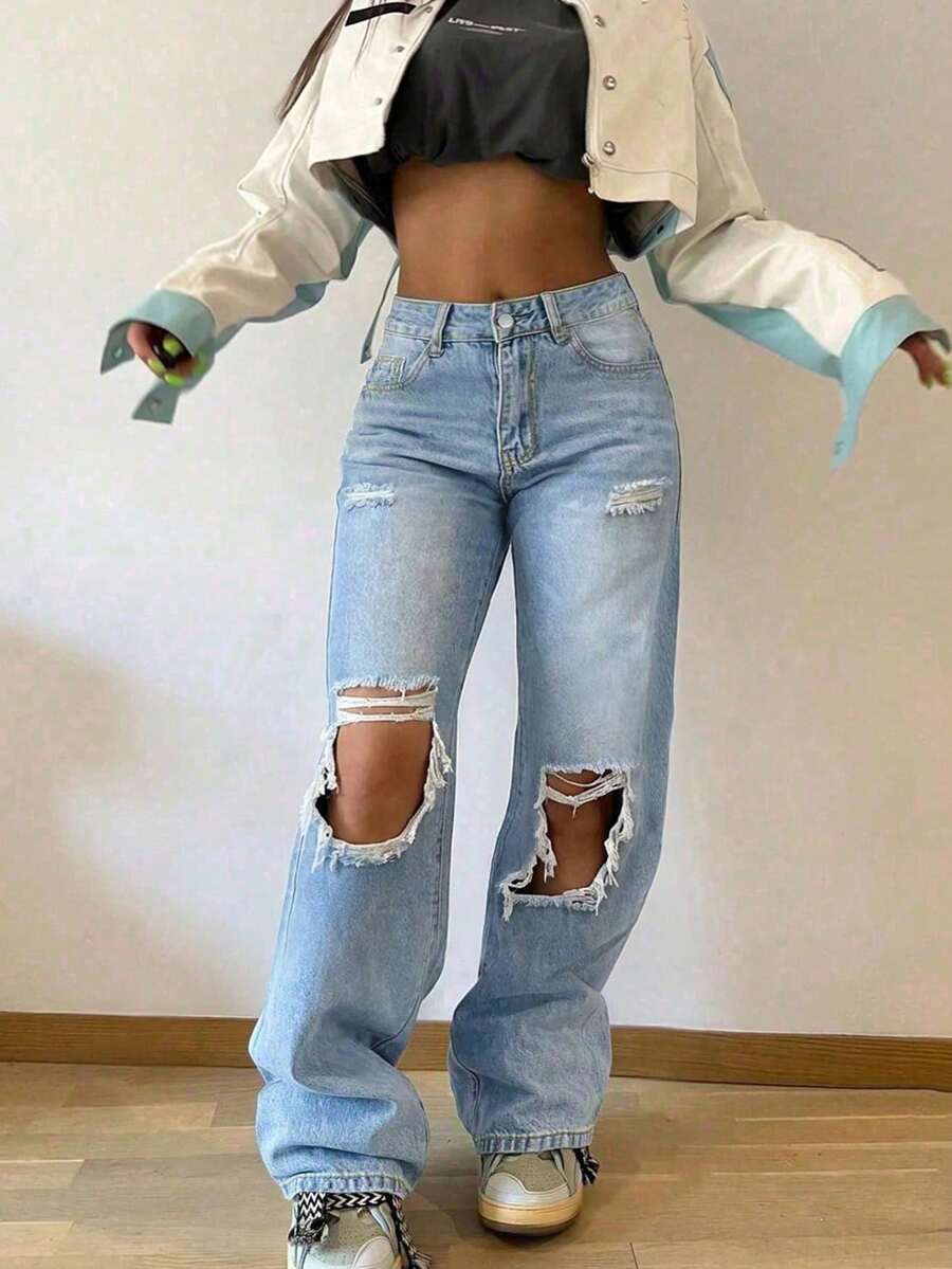 Women's Casual Loose Fit Ripped Straight Leg Stacked Jeans - Light Wash - View 1
