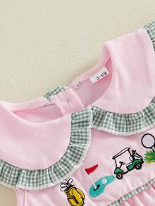 新生児・幼児向けベビーガール用サマーロンパース、ゴルフ刺繍入りドールカラーノースリーブジャンプスーツ、かわいい服 - ピンク - チェックする 4
