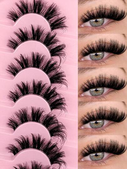 Hinarin 7 Pairs DD Curl New Cat Eye False Eyelashes Natural & Lengthening Soft Transparent Band Lashes Flared Ends To Elongate Eyes Faux Mink Lashes Makeup Use