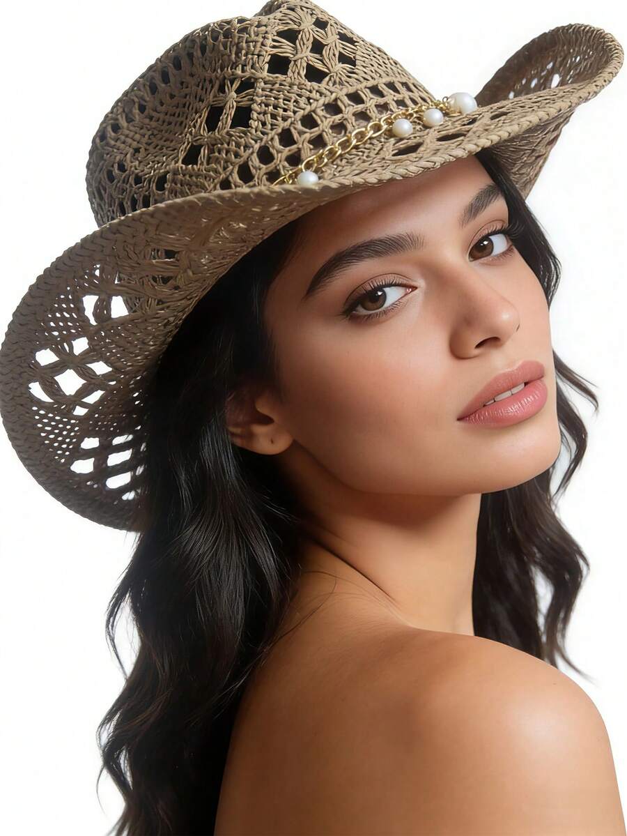 1 Stück Boho-Stil einfarbiger Perlen-Ausschnitt Panama Strohhut, lässiger Sonnenschutz dekorativer Hut, vielseitig für Outdoor-Aktivitäten in allen Jahreszeiten, Sommer, Strand, Urlaub, Reisen - Metallkette - Übersicht 1