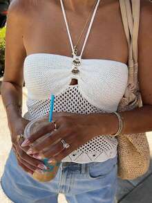 Nora Noon Women's Sexy Backless Camisole Hollow Out Knit White Crop Top, Decorated With Buttons, Suitable For Summer Vacation, Party, And Casual Daily Wear - White - View 7