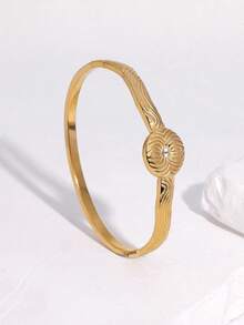 1pc Fashionable Minimalist Niche High-End Plated Stainless Steel Geometric Round Clasp Bracelet, Suitable For Women's Daily, Party, And Date Wear - Multicolor - View 2