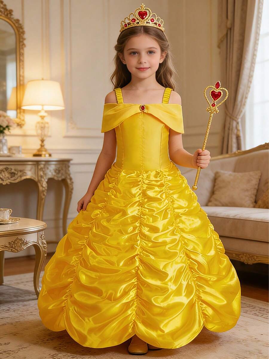 Đầm công chúa màu vàng hai dây, bộ váy áo mang không khí cổ tích cho bé gái, thích hợp cho các hoạt động hàng ngày, Halloween, lễ hội hóa trang, tiệc hóa trang và các dịp khác. - Màu vàng - Xem 1
