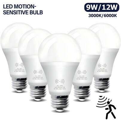 Set Of 5 LED Sensor Light Bulbs - 9W/12W (Equivalent To 80W/100W Incandescent Bulbs), 3000K Warm White / 6000K Cool White, 800/1100 Lumens, E26/E27 Base. High Brightness; Ideal For Stairwells, Hallways, Garages, And Similar Areas. Features A 3-Year Lifespan, Easy Installation, And Compatibility With 85V–265V Voltage - No Batteries Required.