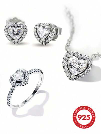 1 Set Including 1pc Pure Silver Necklace, 1 Pair Pure Silver Earrings And 1pc Pure Silver Ring, Hypoallergenic Design With Loving Heart Pattern And Elegant Square Cubic Zirconia, Showcasing Your Refined, Romantic And Versatile Charm. Valentine's Day Gift