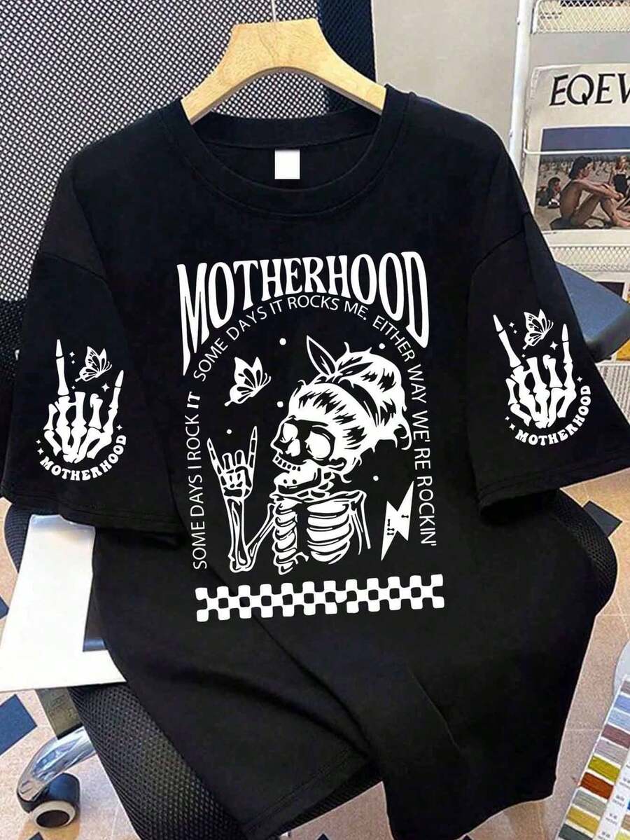 T-shirt décontracté à manches courtes pour femmes grandes tailles, avec imprimé thème mère, design à manches courtes et col rond noir - Noir - Voir 1