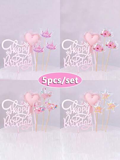 5件套生日快乐蛋糕装饰插牌套装，心形/云朵/皇冠/星星珍珠闪光纸杯蛋糕装饰插牌，适用于生日、婚礼、女士公主派对甜点装饰