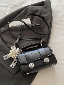 1 pieza Bolso de mano cilíndrico mini retro para mujer, de uso diario (con accesorios) - Negro - Ver 7