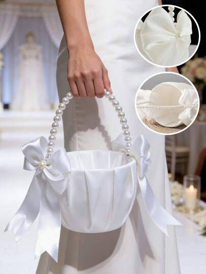 1 Peça Cesta de Flores para Dama de Honra, Cesta de Flores para Dama de Honra de Casamento, Cesta de Cetim Branco com Laço de Pérola Falsa, Cesta com Laço de Alça de Pérola Fofa, Cesta de Flores de Cetim para Decoração de Festa de Casamento, Presente de Decoração Doméstica, Decoração Central do Buquê de Noiva, Decoração de Proposta Romântica
