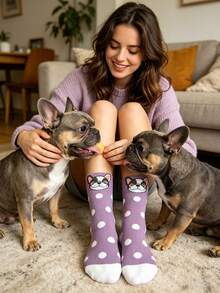 5 đôi tất cổ ngắn nữ in hình chó Bulldog, kiểu dáng thường ngày, đa năng. - Nhiều màu - Xem 5