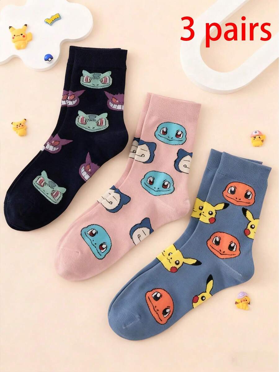pokemon 3双装男士宝可梦系列喷火龙图案趣味卡通彩色提花中筒袜，运动休闲，四季皆宜，欧美尺码，舒适透气，色彩丰富，适合日常穿着，优质面料，不闷热 - 彩色 - 查看 1