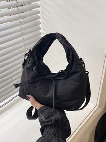 Tas Tangan Nylon dengan Dekorasi Pita Lucu, Penutup Magnetik, Tas Bahu & Selempang untuk Wanita, Cocok untuk Belanja, Bepergian, dan Penggunaan Sehari-hari - Hitam - View 1
