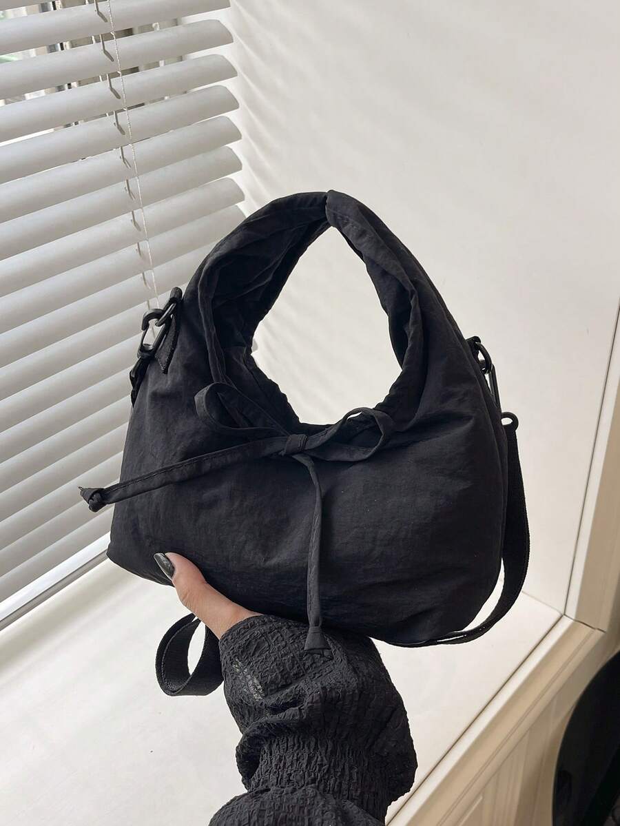 Tas Tangan Nylon dengan Dekorasi Pita Lucu, Penutup Magnetik, Tas Bahu & Selempang untuk Wanita, Cocok untuk Belanja, Bepergian, dan Penggunaan Sehari-hari - Hitam - View 1