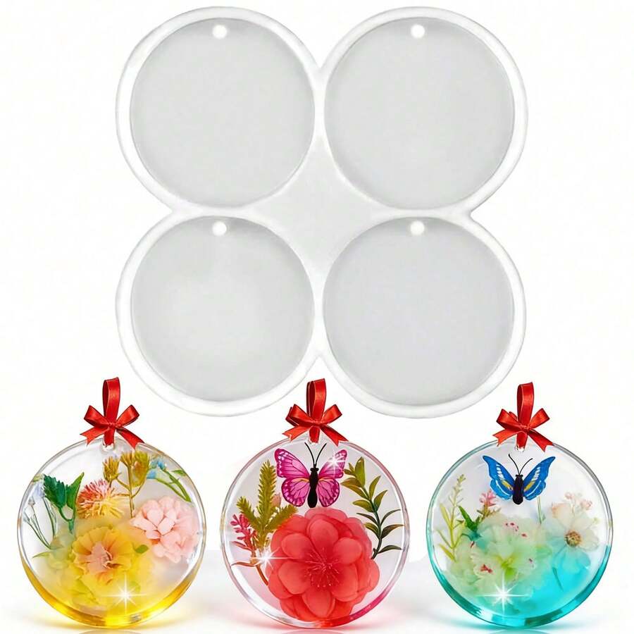 Khuôn làm mặt dây chuyền tròn bằng nhựa epoxy, khuôn silicon 4 ngăn có lỗ, khuôn làm đế lót ly, khuôn đúc mặt dây chuyền tròn bằng nhựa epoxy, dùng để làm đồ thủ công DIY, quà tặng, trang sức, móc khóa. - Màu trắng sữa/silicone - Xem 1