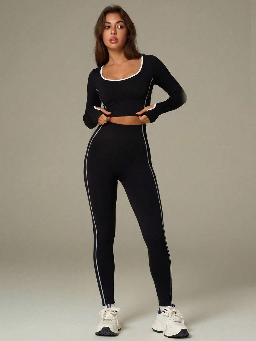 UONNOU Top Cropped Feminino de Manga Longa com Decote Quadrado, Punho com Polegar e Acabamento Branco Contrastante & Legging Sem Costura de Cintura Alta com Dupla Faixa Lateral, Efeito Levanta Bumbum, Pêssego, Ultra Macio - Preto - Visão 1