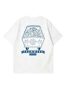 Women's Oversized Short Sleeve T-Shirt, Crew Neck Tee With Cartoon Gang & Teamwork Print - White - View 5