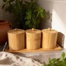 Bamboo Condiment Jar Spice Container With Lids And Spoon And Tray Best Cruet Pot For Your Home, Kitchen, Counter., Set Of 4 - Wood Color - View 6